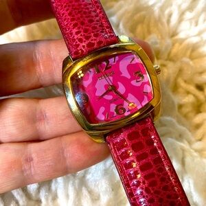 BIJOUX TERNER CRANBERRY RED PINK & GOLD EMBOSSED REPTILE LEATHER WRISTWA…